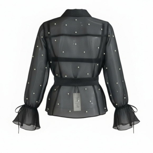 Joseph Ribkoff Black Sheer Organza Blouse Faux Pearls Bell Sleeve Tie Waist NWT4 - Picture 3 of 13